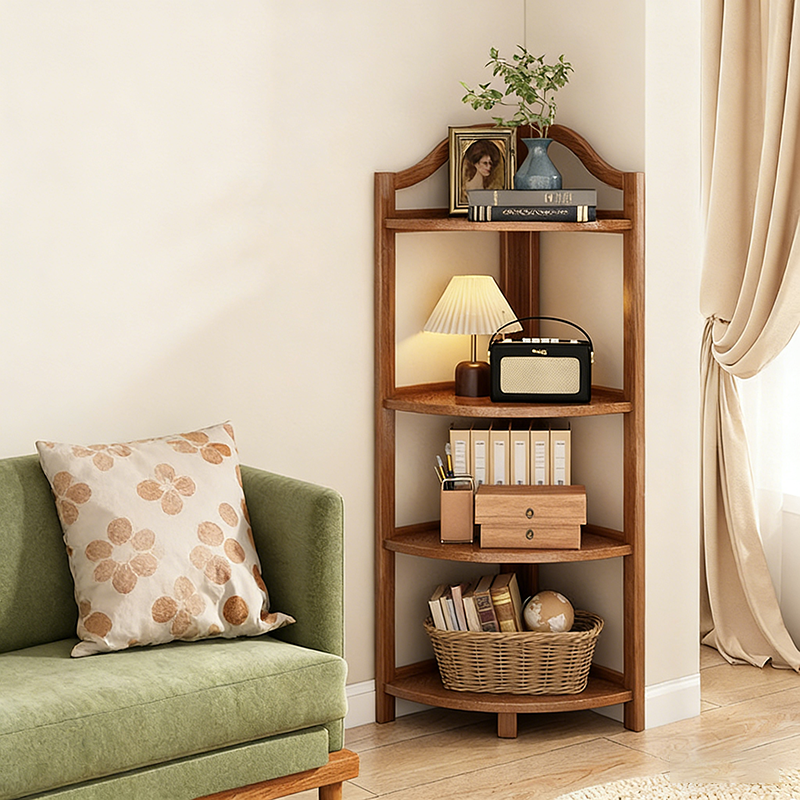 Modern Minimalist Bamboo Fan-Shaped Right-Angle Corner Shelf Unit 3/4/5/6 Tier For Living Room