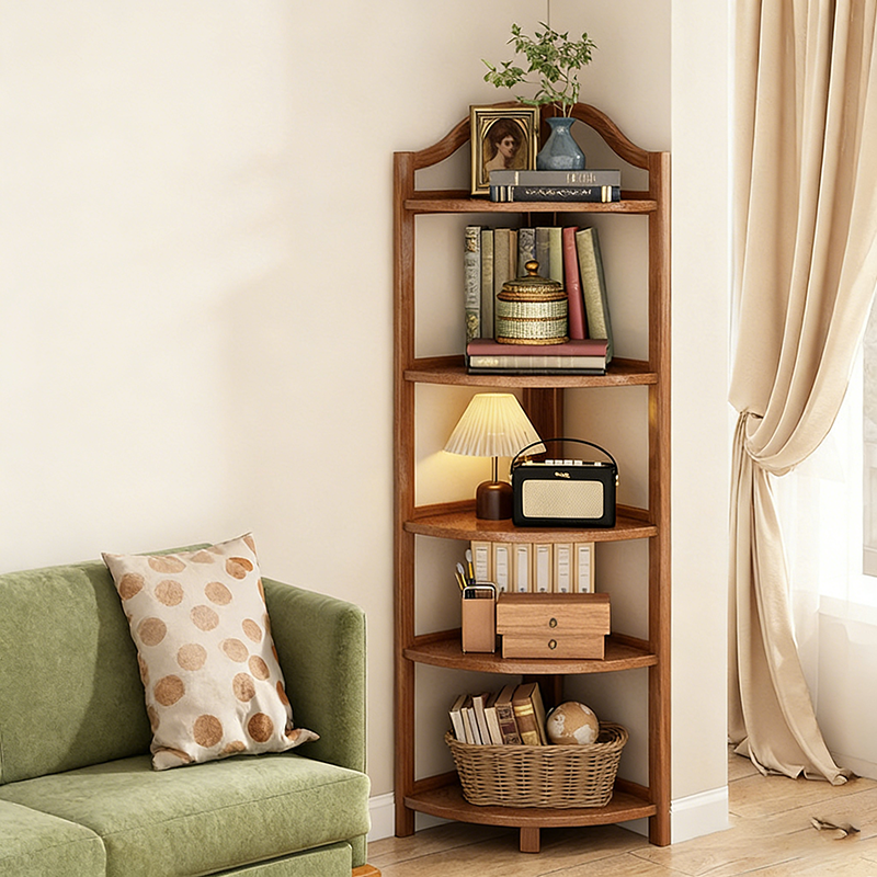 Modern Minimalist Bamboo Fan-Shaped Right-Angle Corner Shelf Unit 3/4/5/6 Tier For Living Room