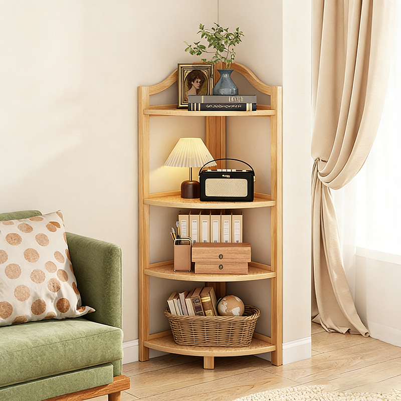 Modern Minimalist Bamboo Fan-Shaped Right-Angle Corner Shelf Unit 3/4/5/6 Tier For Living Room
