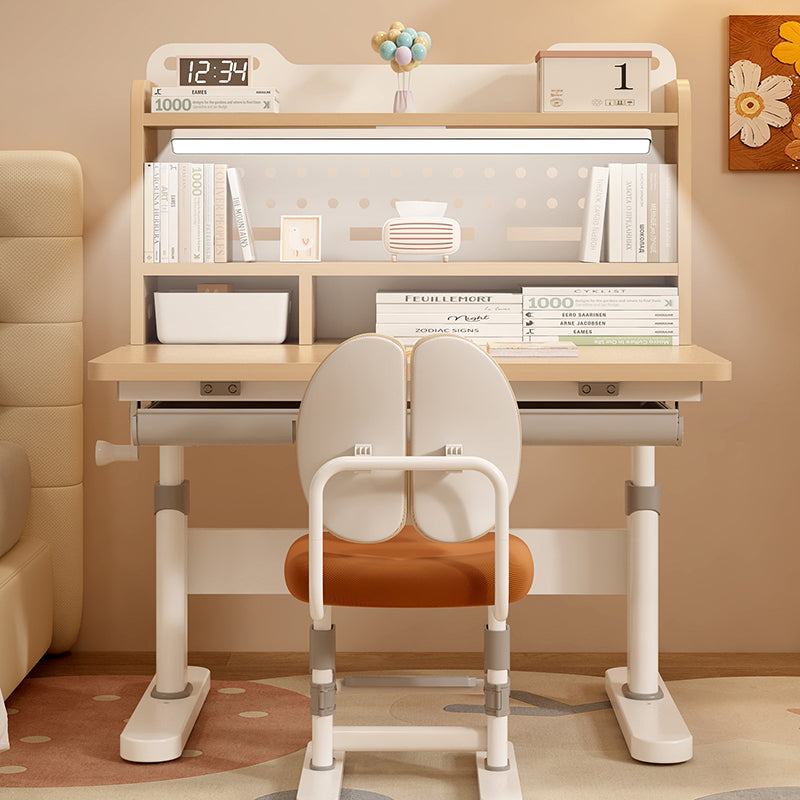 Traditional Chinese MDF Cold Rolled Steel Hand Crank Adjustable Rectangular Kids Study Desk Chair Set With 3-Tier For Bedroom