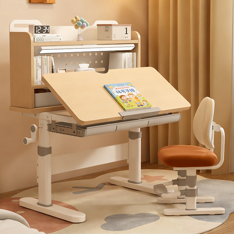 Traditional Chinese MDF Cold Rolled Steel Hand Crank Adjustable Rectangular Kids Study Desk Chair Set With 3-Tier For Bedroom