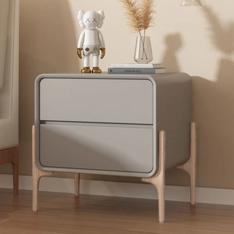 Contemporary Scandinavian Rectangular Pine Wood MDF Faux Leather 2-Tier Storage Drawers For Bedroom