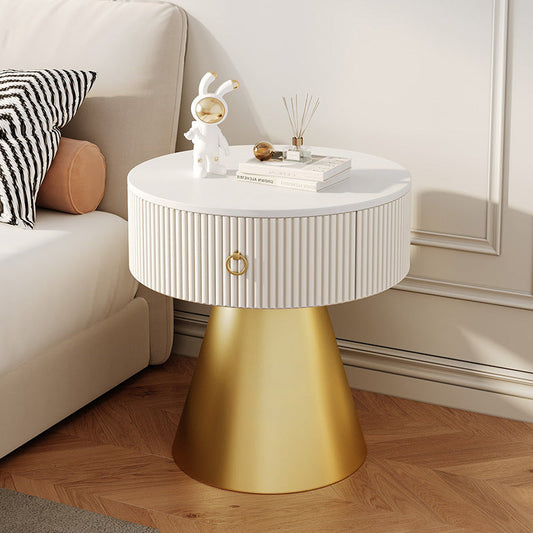 Contemporary Scandinavian Round Cylinder Cone Plywood Carbon Steel Rock Slab Nightstand 1-Drawer For Bedroom