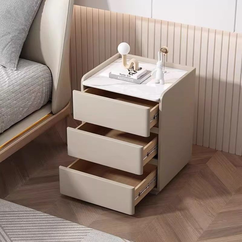 Modern Minimalist Rectangular Pine Wood Cat Scratch Resistant Leather Rock Slab Nightstand 3-Drawer For Bedroom