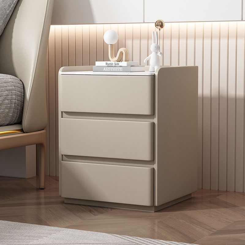 Modern Minimalist Rectangular Pine Wood Cat Scratch Resistant Leather Rock Slab Nightstand 3-Drawer For Bedroom