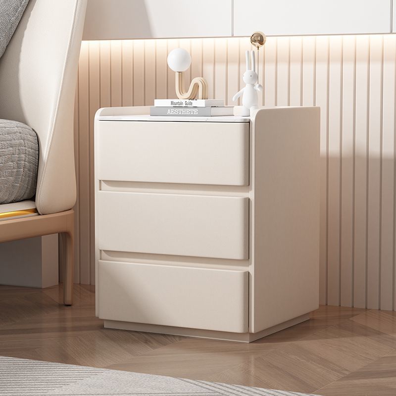 Modern Minimalist Rectangular Pine Wood Cat Scratch Resistant Leather Rock Slab Nightstand 3-Drawer For Bedroom