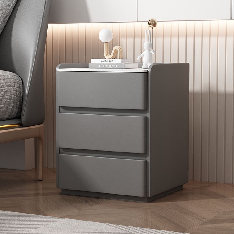 Modern Minimalist Rectangular Pine Wood Cat Scratch Resistant Leather Rock Slab Nightstand 3-Drawer For Bedroom
