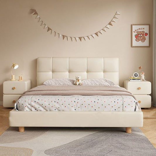 Modern Minimalist Cream Rectangle Square Organic Leather Solid Wood & Plywood Nightstand 2-Drawer For Bedroom