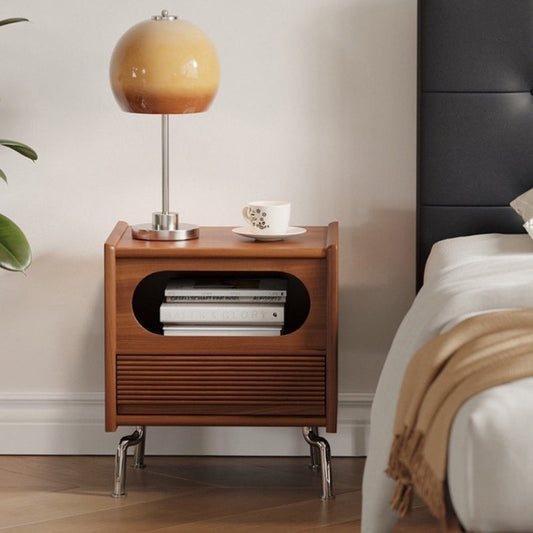 Traditional Vintage Square Pine Stainless Steel Nightstand 1-Drawer For Bedroom
