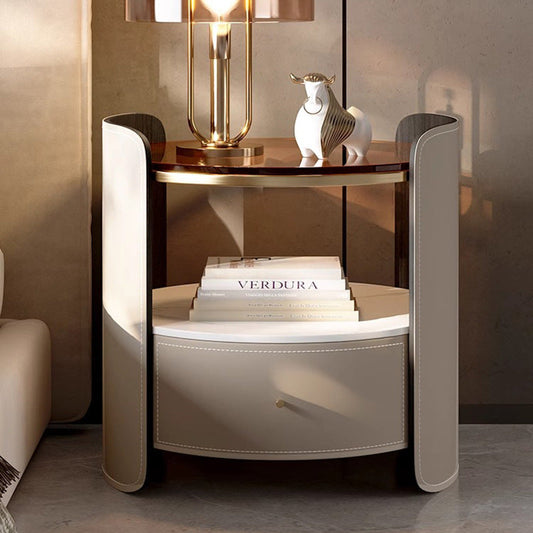 Modern Luxury Round Faux Saddle Leather Glass Plywood Nightstand 1-Drawer For Bedroom