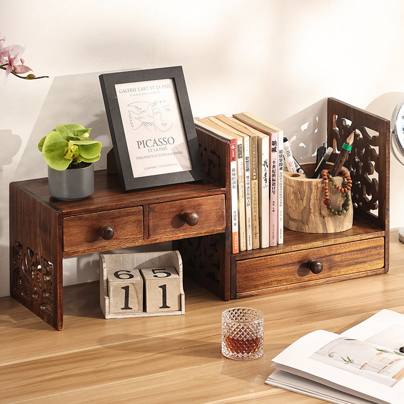 Traditional Vintage Rectangular Teak Bookshelf 4-Drawer For Home Office
