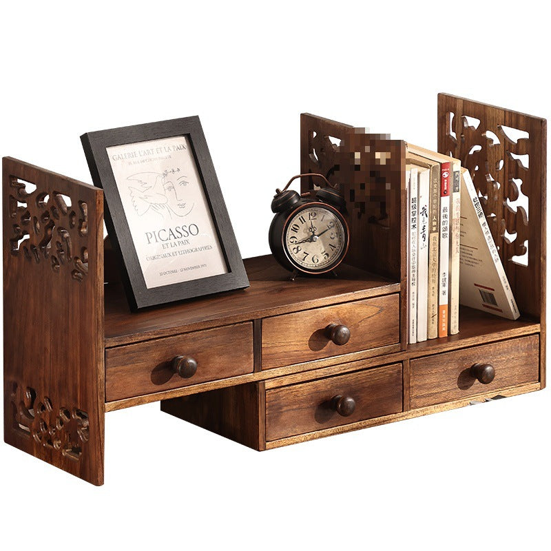 Traditional Vintage Rectangular Teak Bookshelf 4-Drawer For Home Office