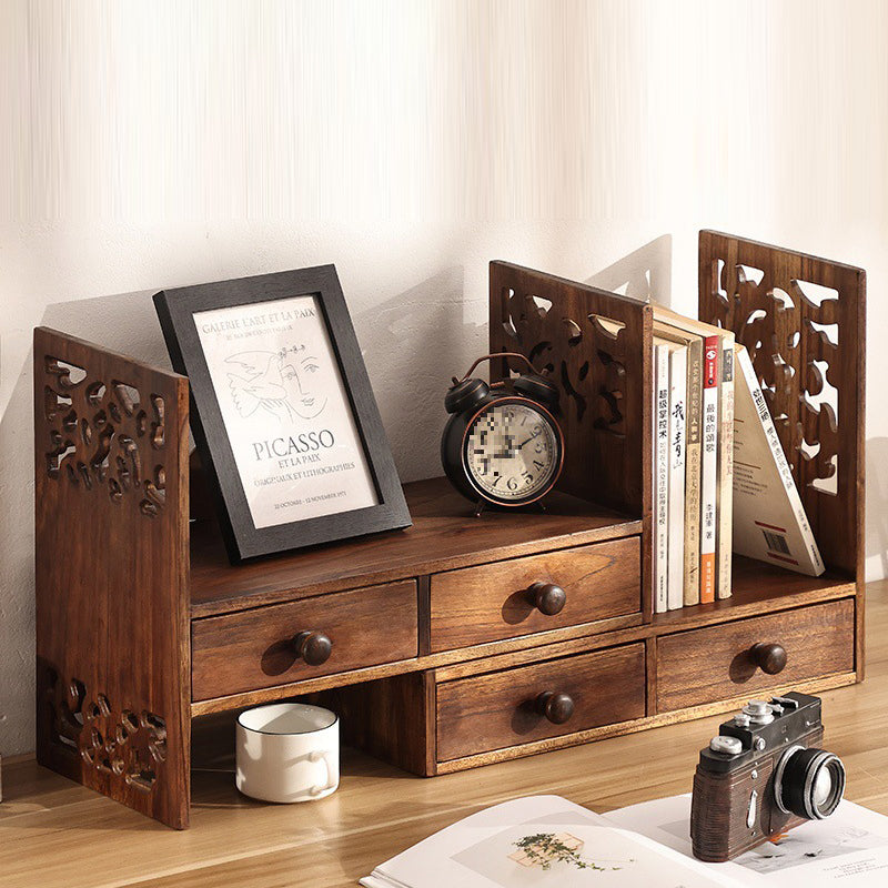 Traditional Vintage Rectangular Teak Bookshelf 4-Drawer For Home Office