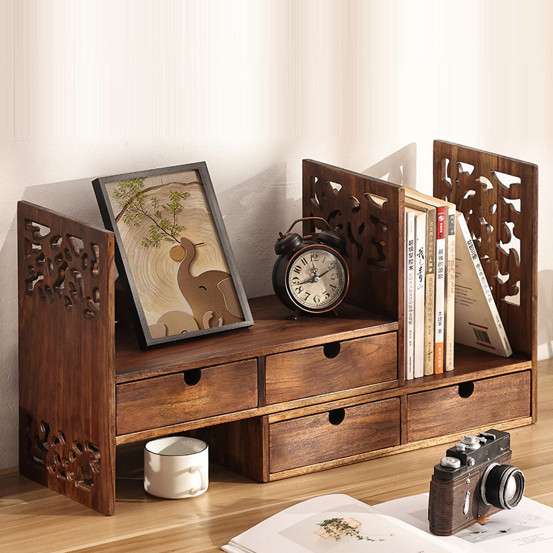 Traditional Vintage Rectangular Teak Bookshelf 4-Drawer For Home Office