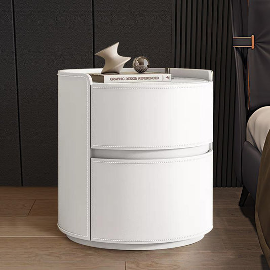 Modern Luxury Round Faux Saddle Leather Plywood Nightstand 2-Drawer For Bedroom