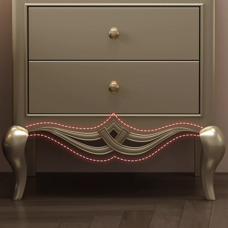 Traditional French Rubberwood Plywood Pine Wood Champagne Gold Nightstand With Cabriole Legs 2-Drawer For Bedroom