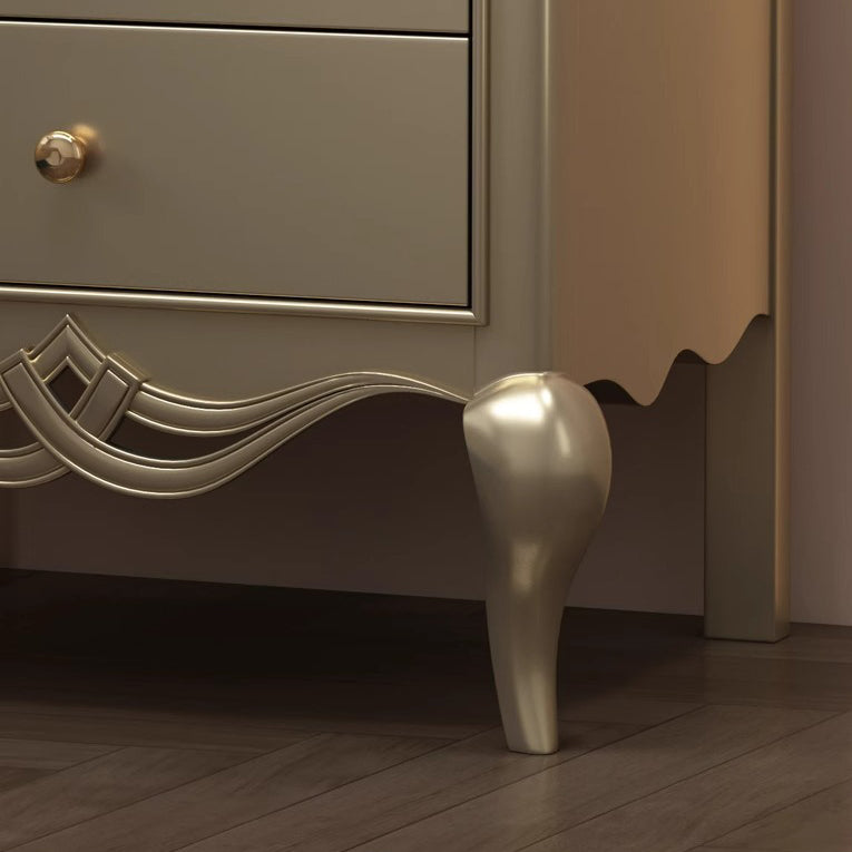 Traditional French Rubberwood Plywood Pine Wood Champagne Gold Nightstand With Cabriole Legs 2-Drawer For Bedroom