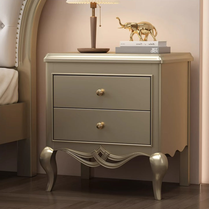 Traditional French Rubberwood Plywood Pine Wood Champagne Gold Nightstand With Cabriole Legs 2-Drawer For Bedroom