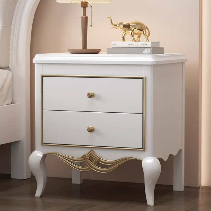 Traditional French Rubberwood Plywood Pine Wood Champagne Gold Nightstand With Cabriole Legs 2-Drawer For Bedroom