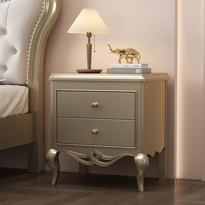 Traditional French Rubberwood Plywood Pine Wood Champagne Gold Nightstand With Cabriole Legs 2-Drawer For Bedroom