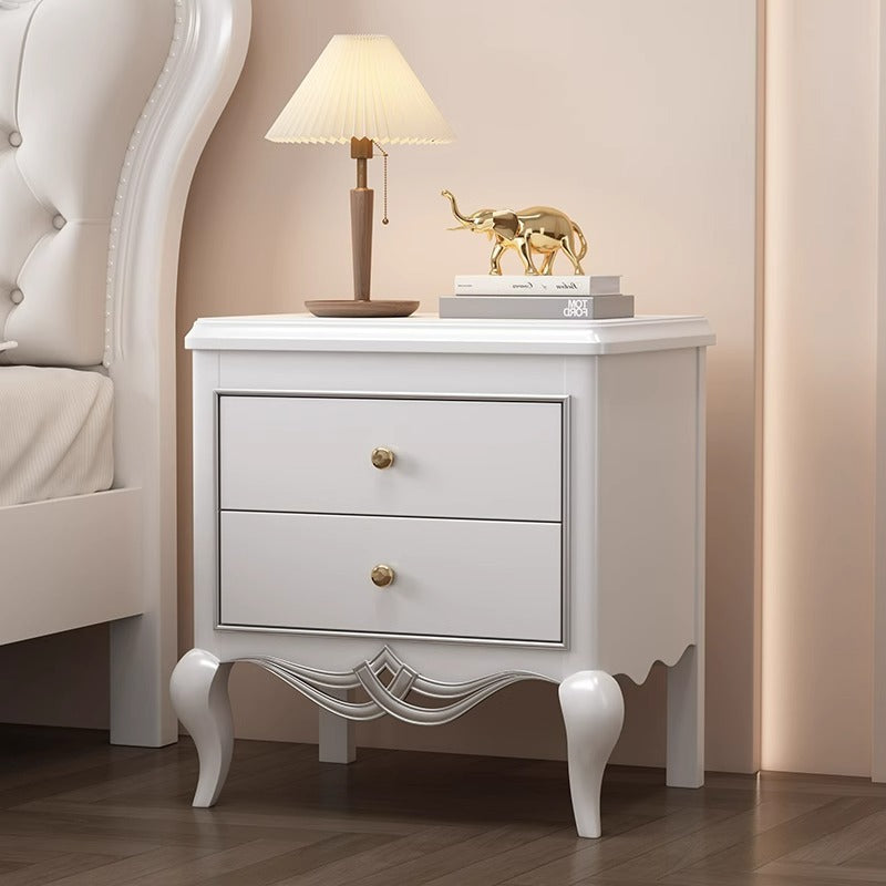 Traditional French Rubberwood Plywood Pine Wood Champagne Gold Nightstand With Cabriole Legs 2-Drawer For Bedroom