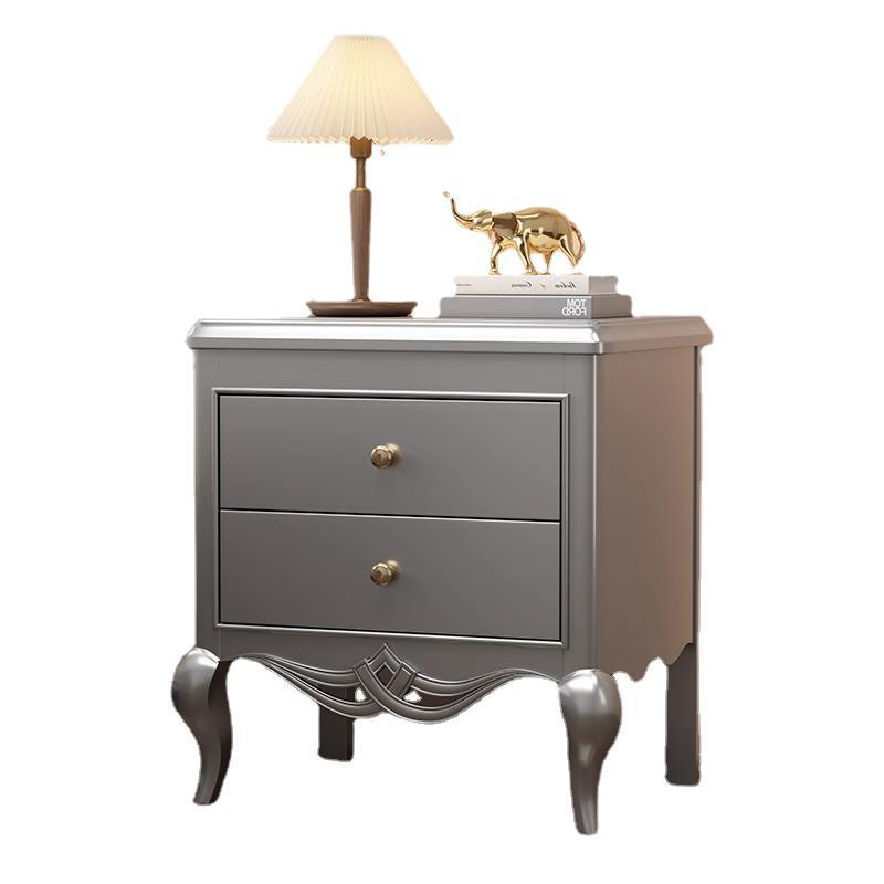 Traditional French Rubberwood Plywood Pine Wood Champagne Gold Nightstand With Cabriole Legs 2-Drawer For Bedroom