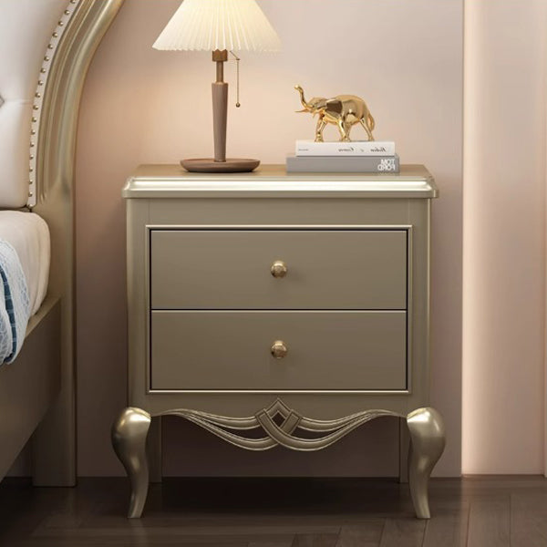 Traditional French Rubberwood Plywood Pine Wood Champagne Gold Nightstand With Cabriole Legs 2-Drawer For Bedroom