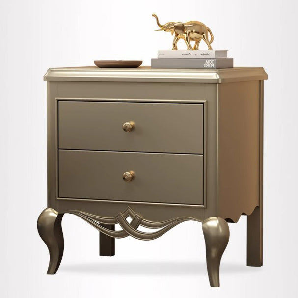Traditional French Rubberwood Plywood Pine Wood Champagne Gold Nightstand With Cabriole Legs 2-Drawer For Bedroom