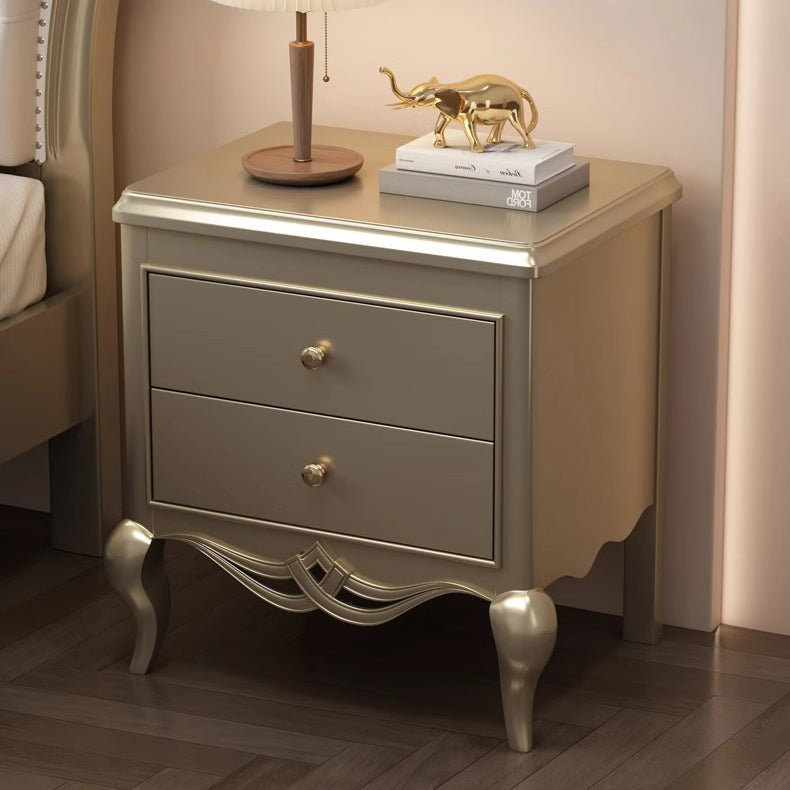 Traditional French Rubberwood Plywood Pine Wood Champagne Gold Nightstand With Cabriole Legs 2-Drawer For Bedroom