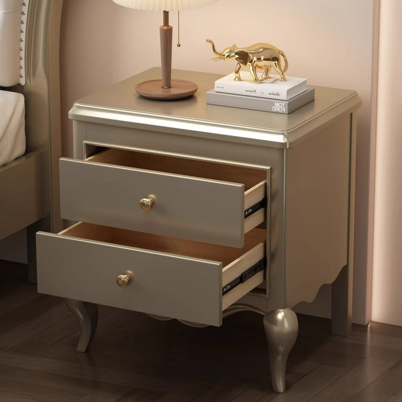 Traditional French Rubberwood Plywood Pine Wood Champagne Gold Nightstand With Cabriole Legs 2-Drawer For Bedroom