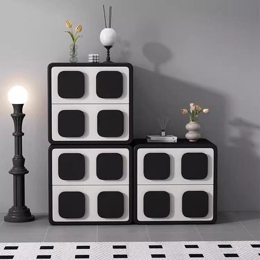 Modern Minimalist Square Plywood Solid Wood Faux Leather Metal Nightstand 2-Drawer For Bedroom