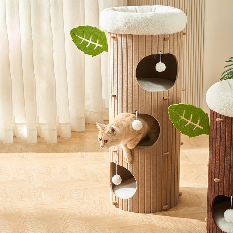 Traditional Rustic Cylindrical Tree Hole Felt Sherpa Fleece & MDF Cat Tower 2/3-Hole For Living Room