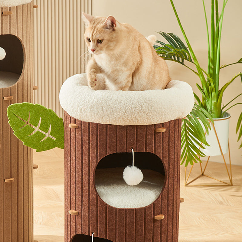 Traditional Rustic Cylindrical Tree Hole Felt Sherpa Fleece & MDF Cat Tower 2/3-Hole For Living Room