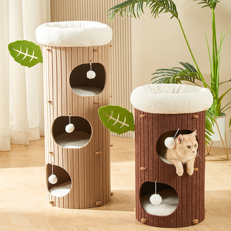 Traditional Rustic Cylindrical Tree Hole Felt Sherpa Fleece & MDF Cat Tower 2/3-Hole For Living Room