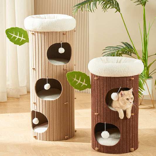 Traditional Rustic Cylindrical Tree Hole Felt Sherpa Fleece & MDF Cat Tower 2/3-Hole For Living Room