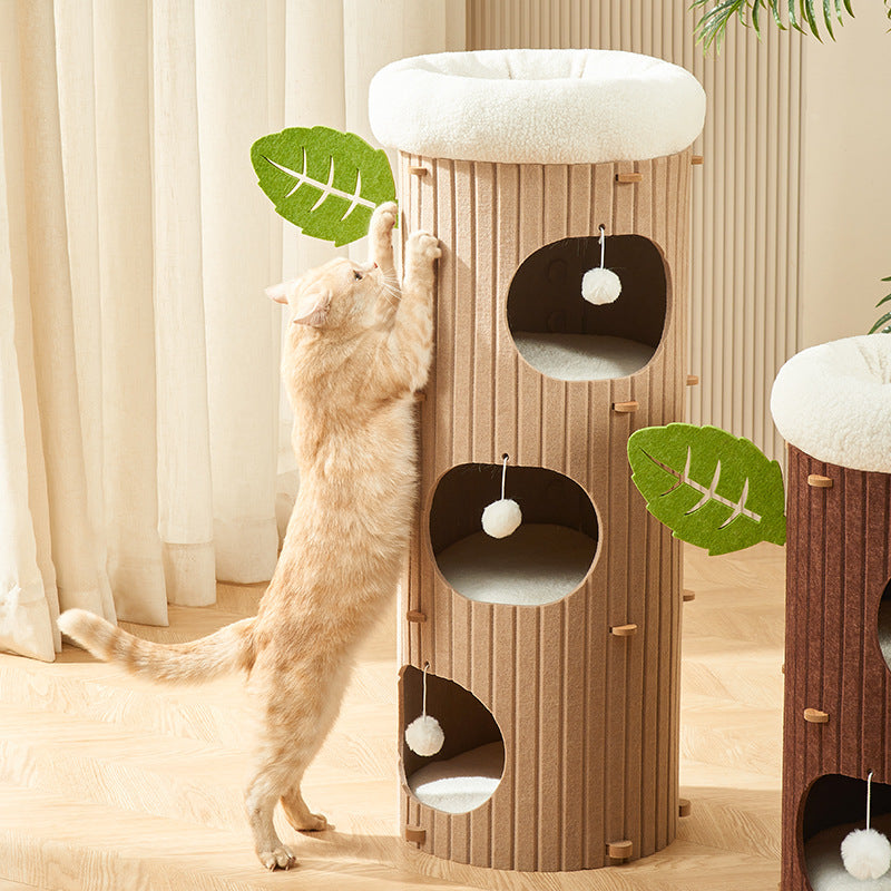 Traditional Rustic Cylindrical Tree Hole Felt Sherpa Fleece & MDF Cat Tower 2/3-Hole For Living Room