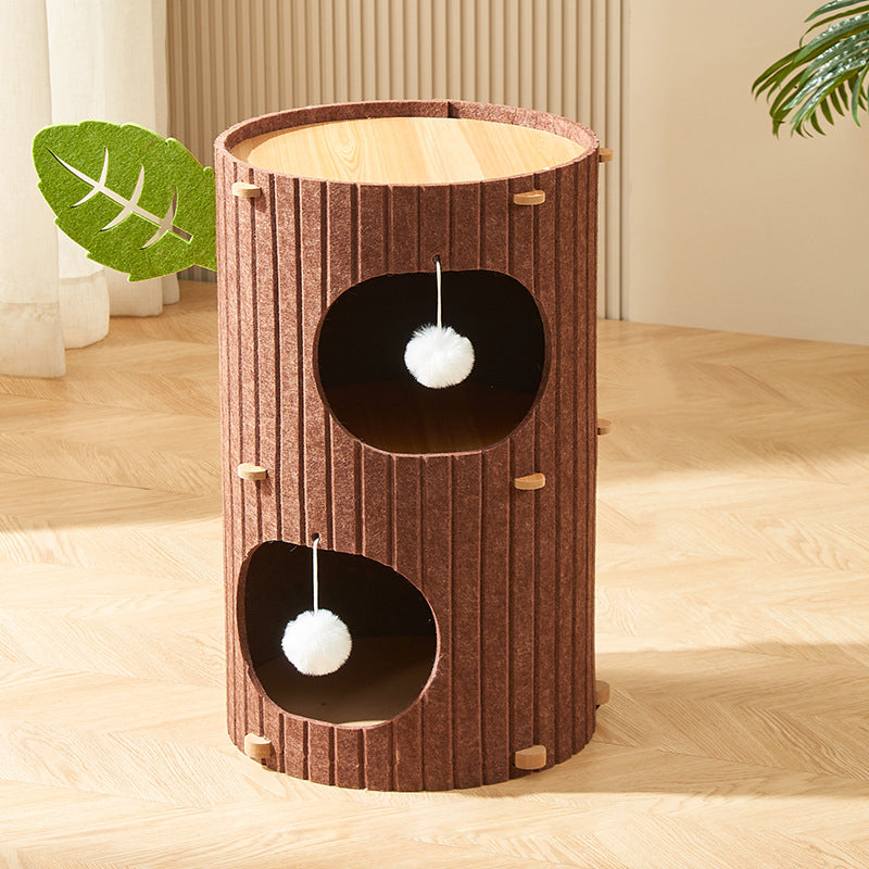 Traditional Rustic Cylindrical Tree Hole Felt Sherpa Fleece & MDF Cat Tower 2/3-Hole For Living Room