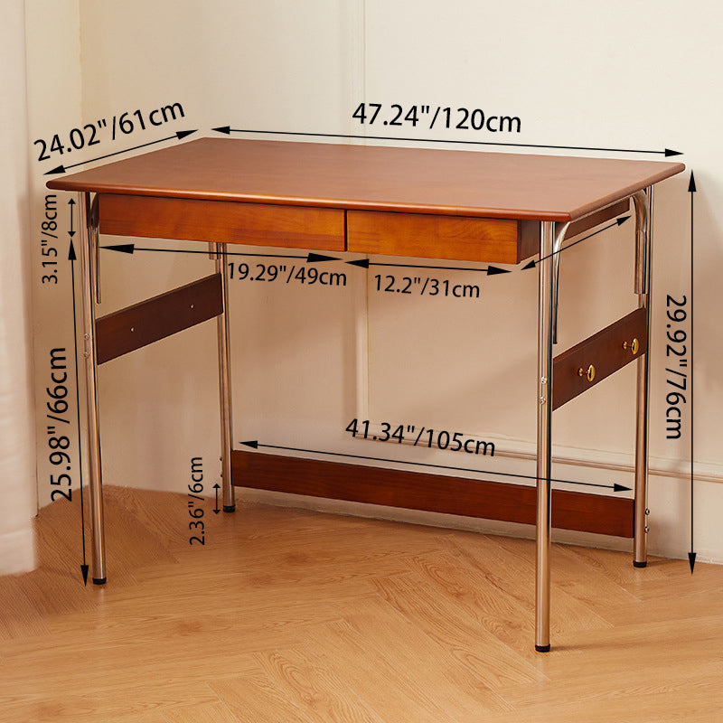 Traditional Vintage Rectangular Pine Wood Stainless Steel Desk 2-Drawer For Study