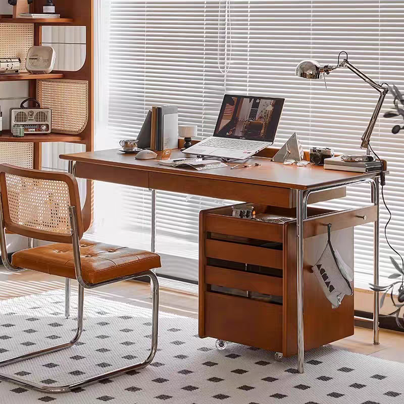 Traditional Vintage Rectangular Pine Wood Stainless Steel Desk 2-Drawer For Study