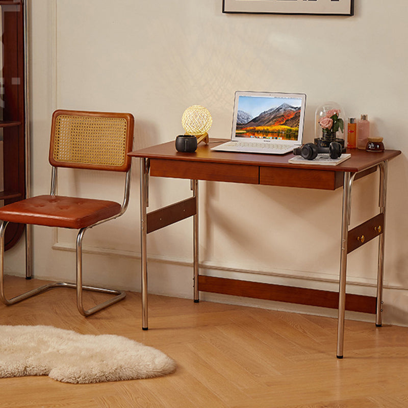 Traditional Vintage Rectangular Pine Wood Stainless Steel Desk 2-Drawer For Study