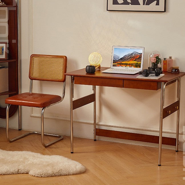 Traditional Vintage Rectangular Pine Wood Stainless Steel Desk 2-Drawer For Study