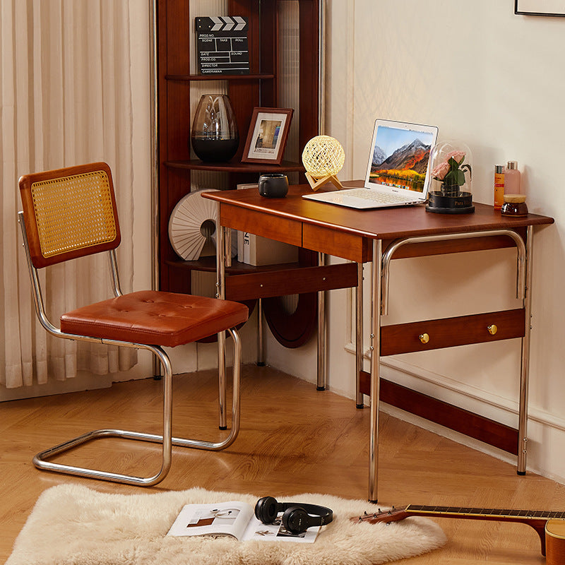 Traditional Vintage Rectangular Pine Wood Stainless Steel Desk 2-Drawer For Study