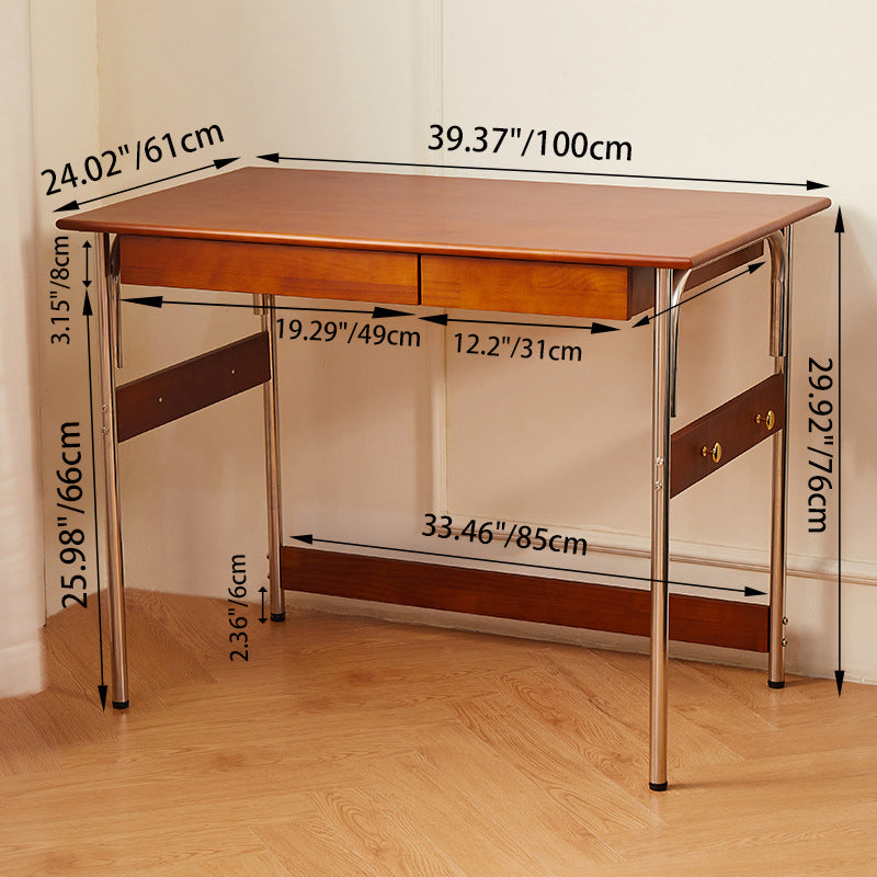 Traditional Vintage Rectangular Pine Wood Stainless Steel Desk 2-Drawer For Study