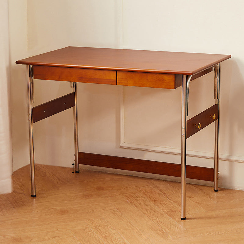 Traditional Vintage Rectangular Pine Wood Stainless Steel Desk 2-Drawer For Study