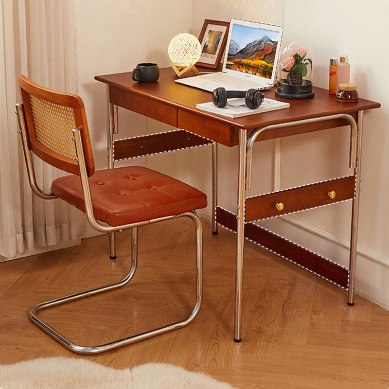 Traditional Vintage Rectangular Pine Wood Stainless Steel Desk 2-Drawer For Study