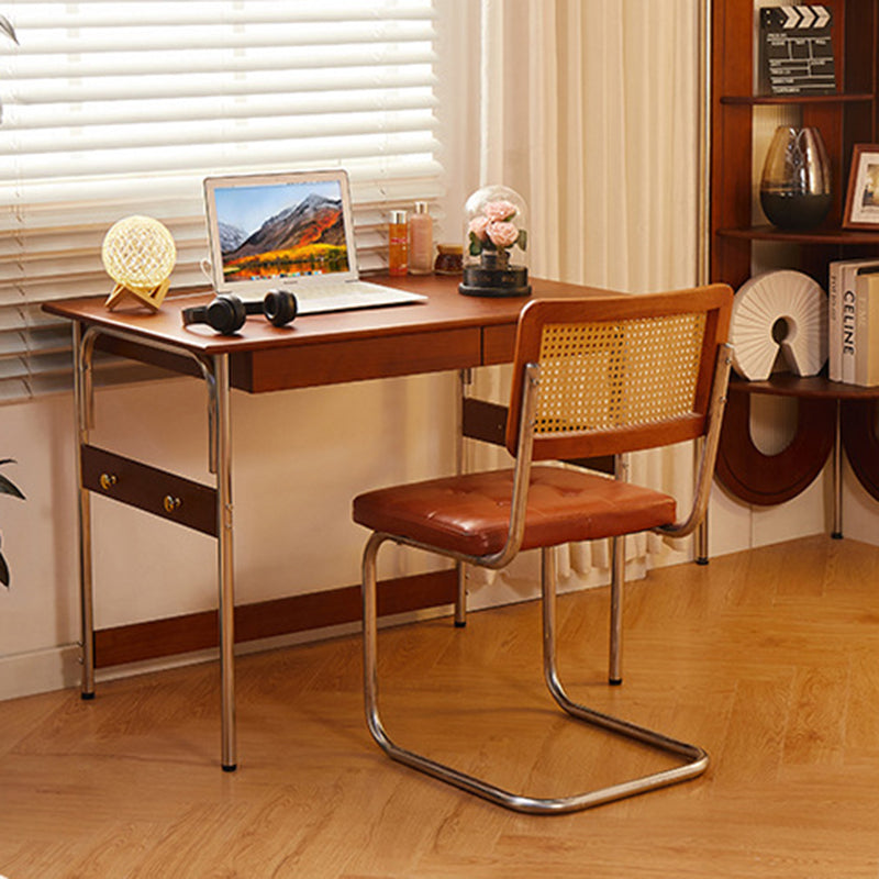 Traditional Vintage Rectangular Pine Wood Stainless Steel Desk 2-Drawer For Study