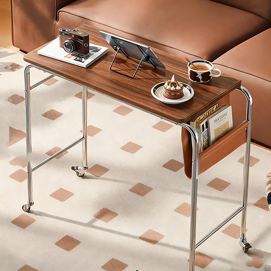 Contemporary Industrial Narrow Rectangular MDF PU Leather Stainless Steel Movable Desk 1-Tier For Home Office