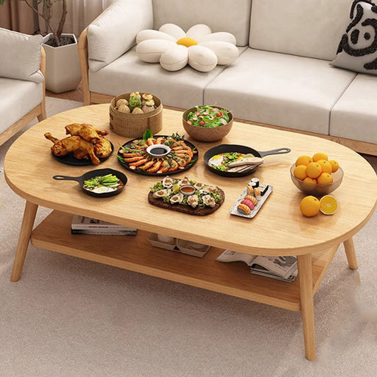 Modern Minimalist Oval Engineered Wood Solid Wood Coffee Table 2-Tier For Living Room