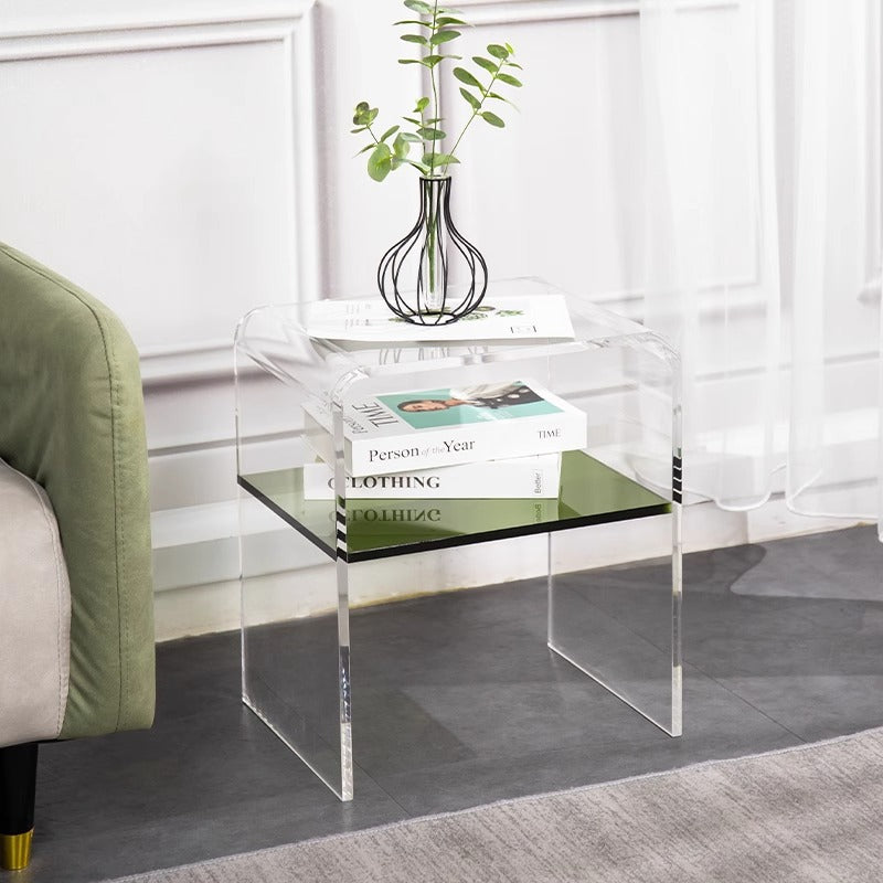 Contemporary Scandinavian Square Curved Acrylic Nightstand 2-Tiers For Bedroom