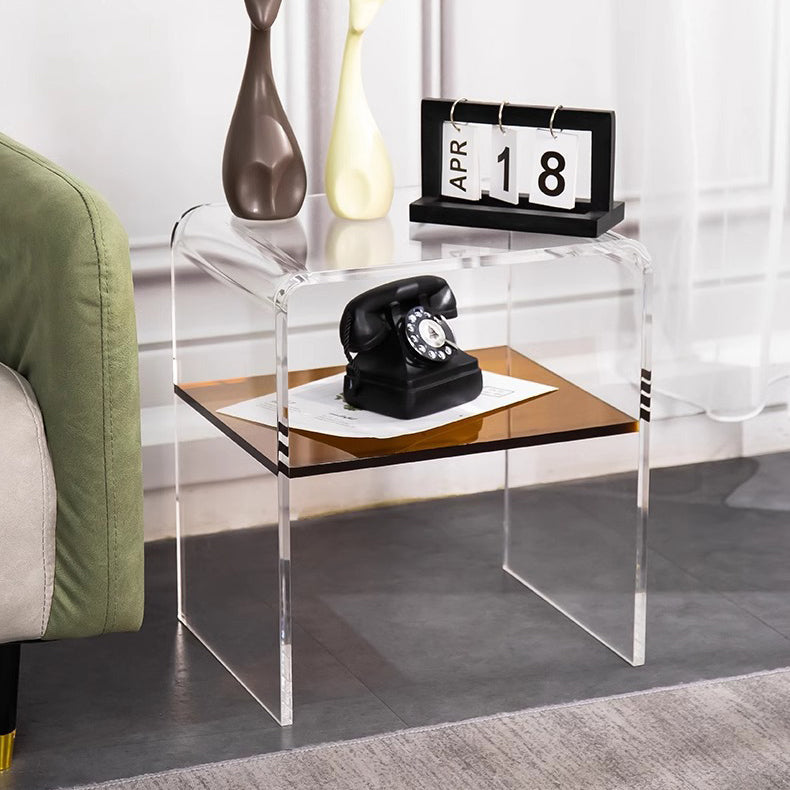 Contemporary Scandinavian Square Curved Acrylic Nightstand 2-Tiers For Bedroom